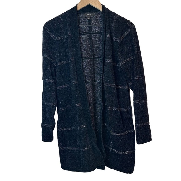 Alfani Women’s Black Silver Shine Windowpane Open Front Long Cardigan Size Large - Picture 1 of 8
